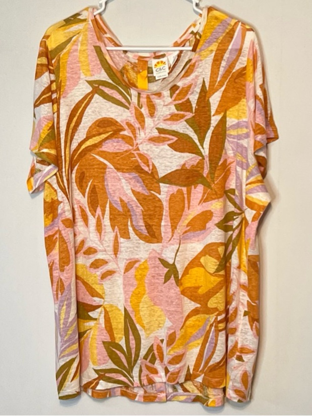 C&C California 100% Linen Multi Colored Floral Button Back Top Scoop Neck Sz 3X.